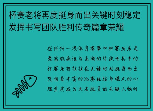 杯赛老将再度挺身而出关键时刻稳定发挥书写团队胜利传奇篇章荣耀