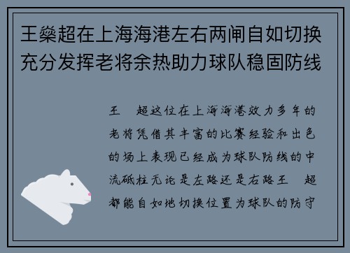 王燊超在上海海港左右两闸自如切换充分发挥老将余热助力球队稳固防线